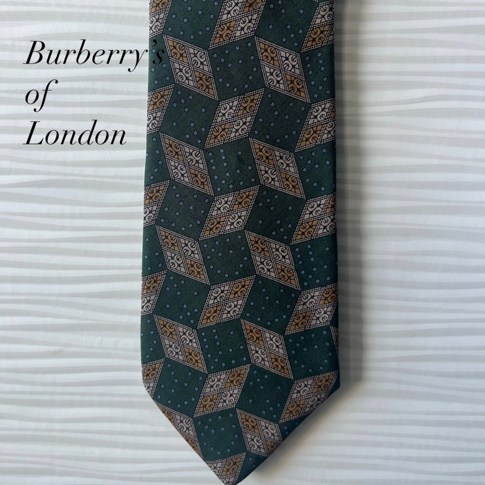 Authentic Burberrys of London Green Abstract  Silk Tie Made In USA 60” X 3.5”